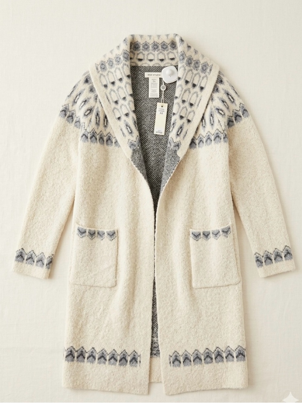 NWT Max Studio OVERSIZED Fair Isle Longline Cardigan Sweater Cream Grey XS (S/M)